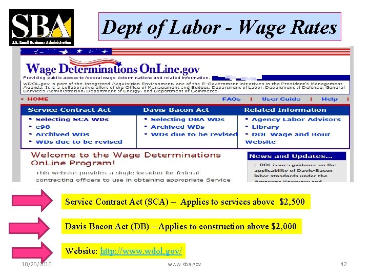 Dept of Labor - Wage Rates Service Contract Act (SCA) – Applies to services