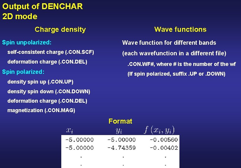 Output of DENCHAR 2 D mode Charge density Spin unpolarized: self-consistent charge (. CON.