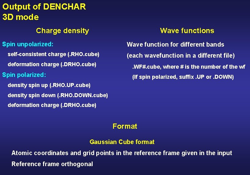 Output of DENCHAR 3 D mode Charge density Wave functions Spin unpolarized: Wave function