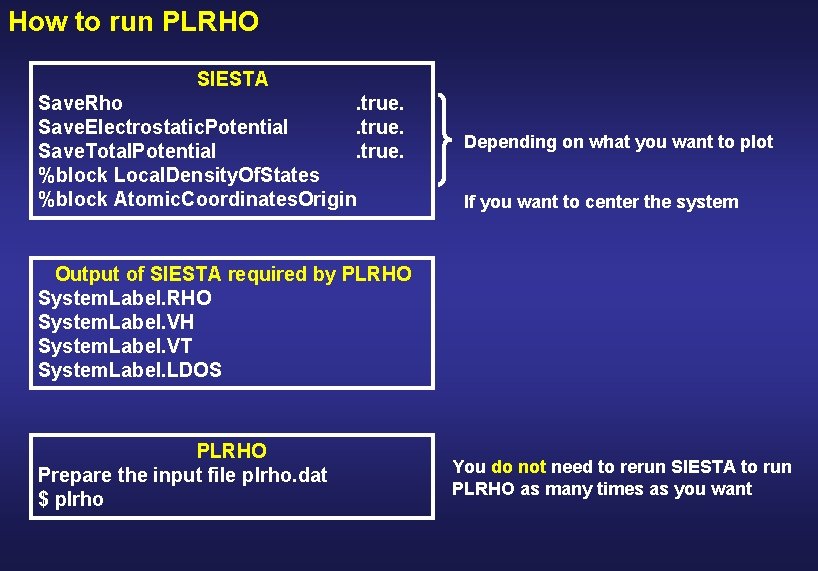 How to run PLRHO SIESTA Save. Rho. true. Save. Electrostatic. Potential. true. Save. Total.