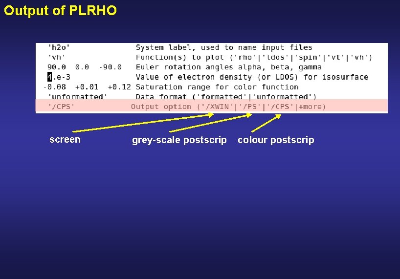 Output of PLRHO screen grey-scale postscrip colour postscrip 