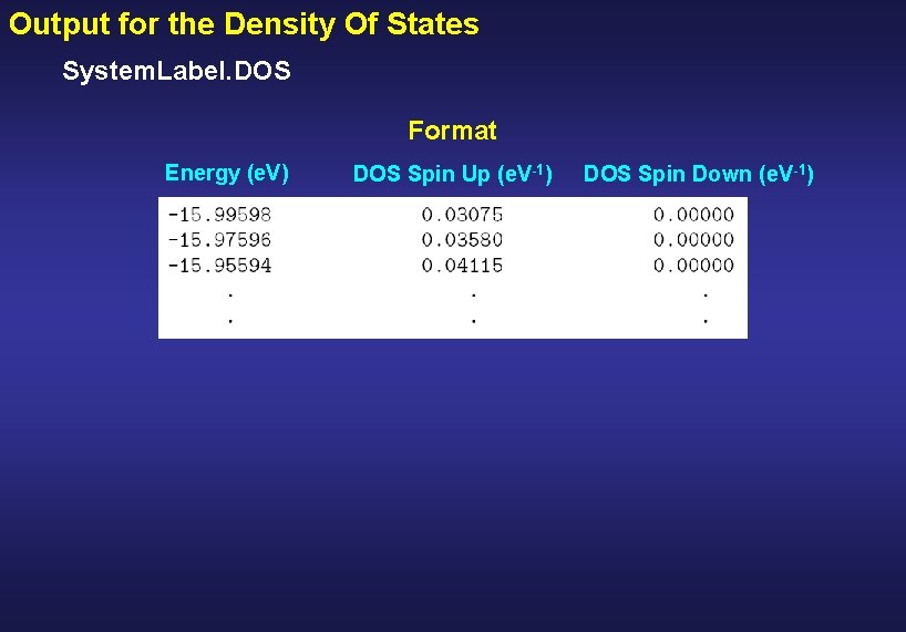 Output for the Density Of States System. Label. DOS Format Energy (e. V) DOS