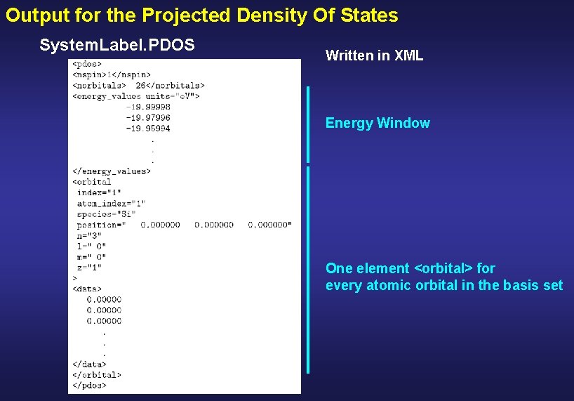 Output for the Projected Density Of States System. Label. PDOS Written in XML Energy