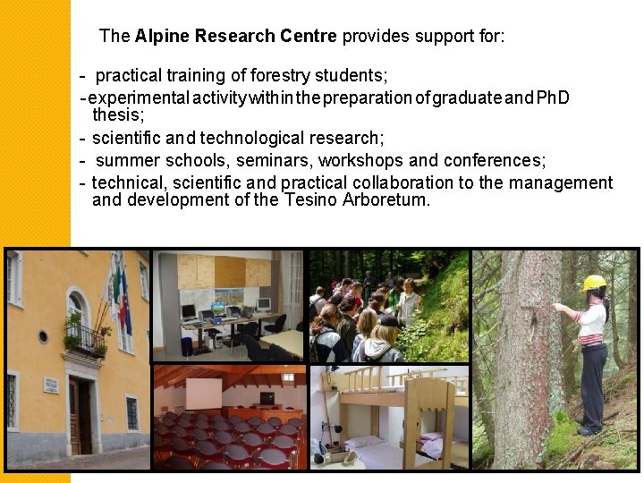 The Alpine Research Centre provides support for: - practical training of forestry students; -