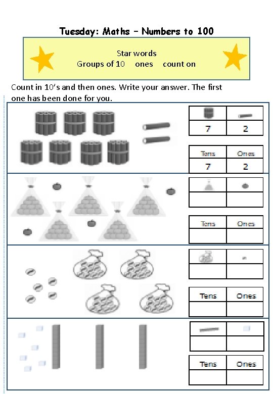 Tuesday: Maths – Numbers to 100 Star words Groups of 10 ones count on