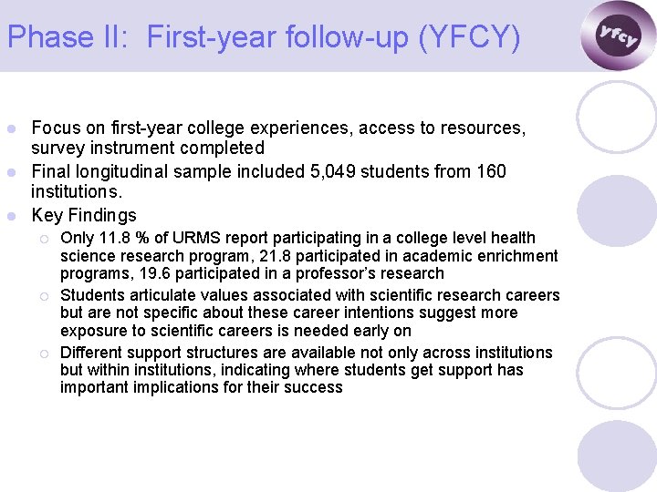 Phase II: First-year follow-up (YFCY) Focus on first-year college experiences, access to resources, survey
