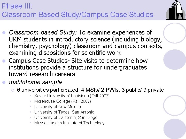 Phase III: Classroom Based Study/Campus Case Studies Classroom-based Study: To examine experiences of URM