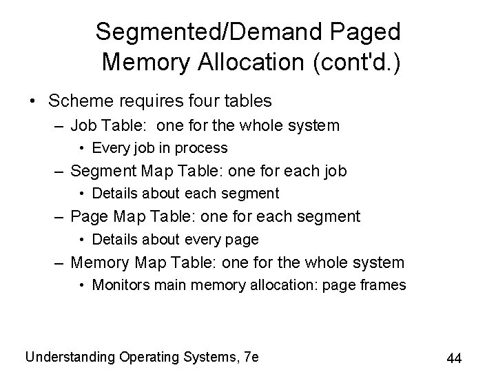 Segmented/Demand Paged Memory Allocation (cont'd. ) • Scheme requires four tables – Job Table: