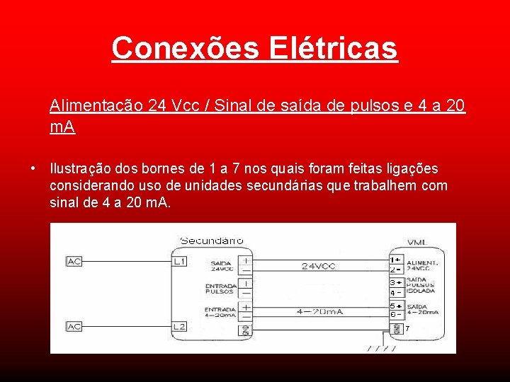 Conexões Elétricas Alimentação 24 Vcc / Sinal de saída de pulsos e 4 a