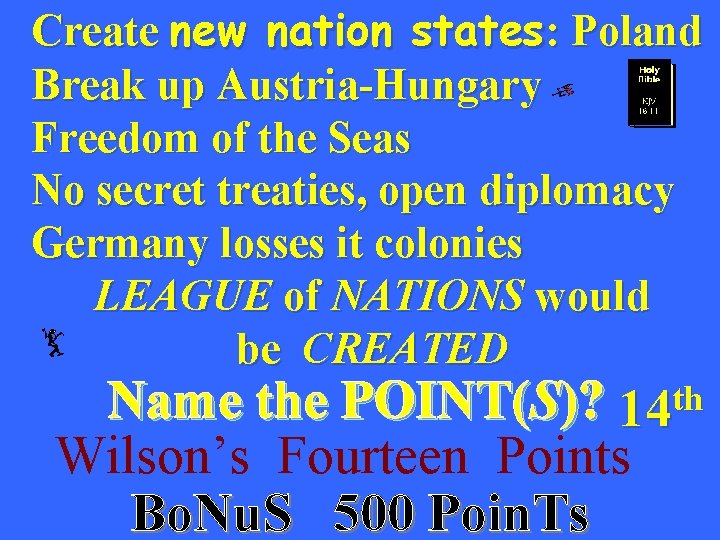 Create new nation states: Poland Break up Austria-Hungary Freedom of the Seas No secret