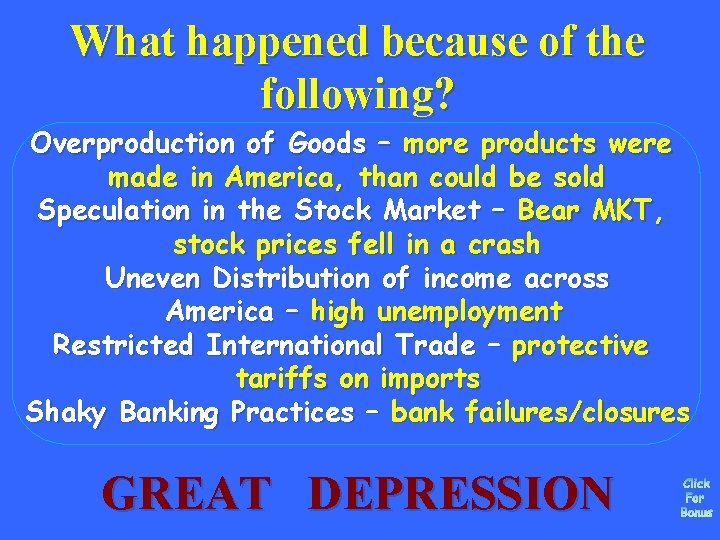 What happened because of the following? Overproduction of Goods – more products were made