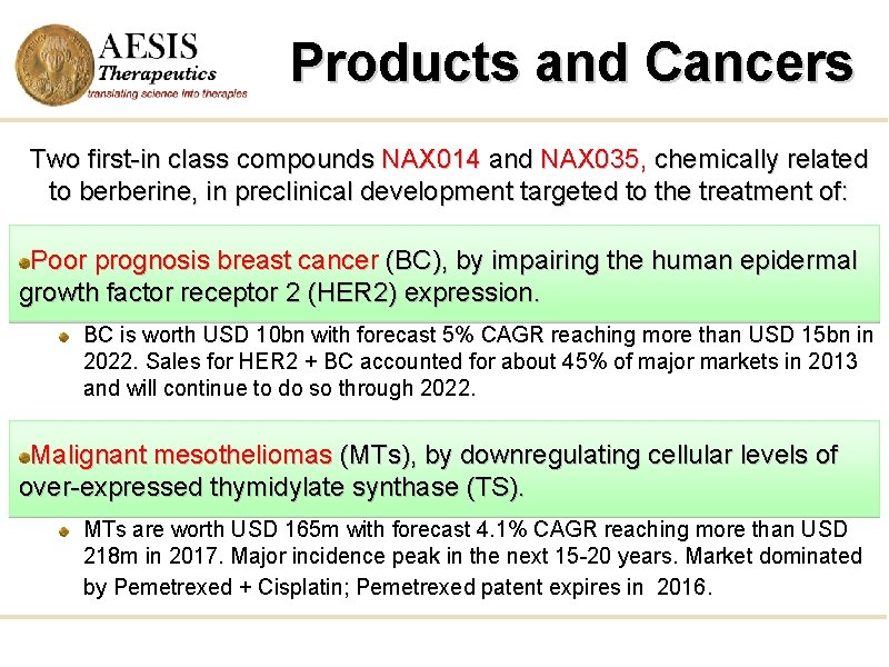 Products and Cancers Two first-in class compounds NAX 014 and NAX 035, chemically related