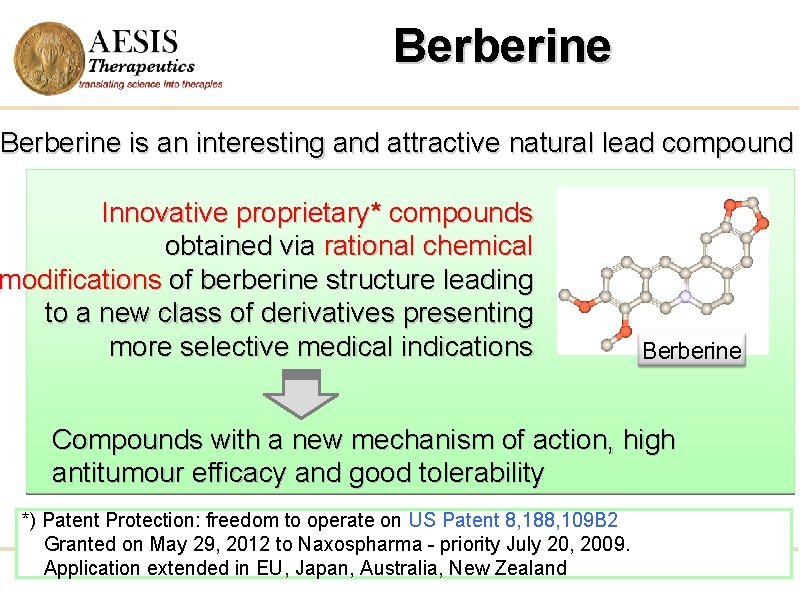 Berberine is an interesting and attractive natural lead compound Innovative proprietary* compounds obtained via