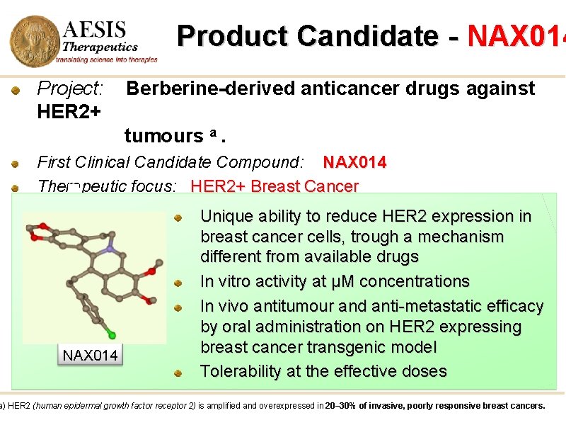 Product Candidate - NAX 014 Project: HER 2+ Berberine-derived anticancer drugs against tumours a.