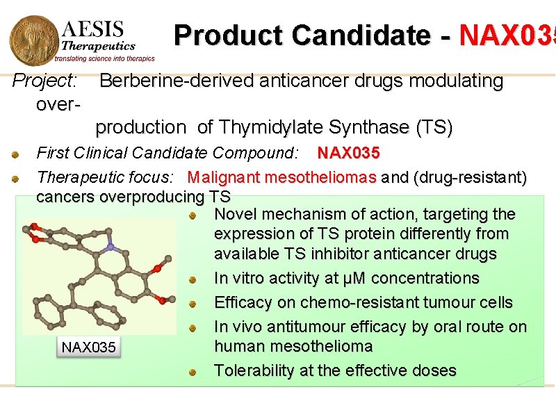 Product Candidate - NAX 035 Project: Berberine-derived anticancer drugs modulating overproduction of Thymidylate Synthase