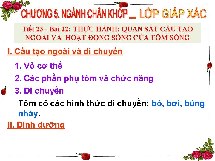 Tiết 23 - Bài 22: THỰC HÀNH: QUAN SÁT CẤU TẠO NGOÀI VÀ HOẠT