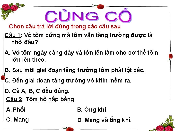 Chọn câu trả lời đúng trong các câu sau Câu 1: Vỏ tôm cứng