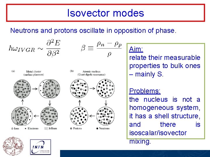 Isovector modes Neutrons and protons oscillate in opposition of phase. Aim: relate their measurable