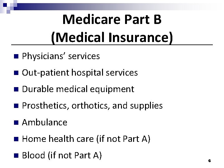 Medicare Part B (Medical Insurance) n Physicians’ services n Out-patient hospital services n Durable