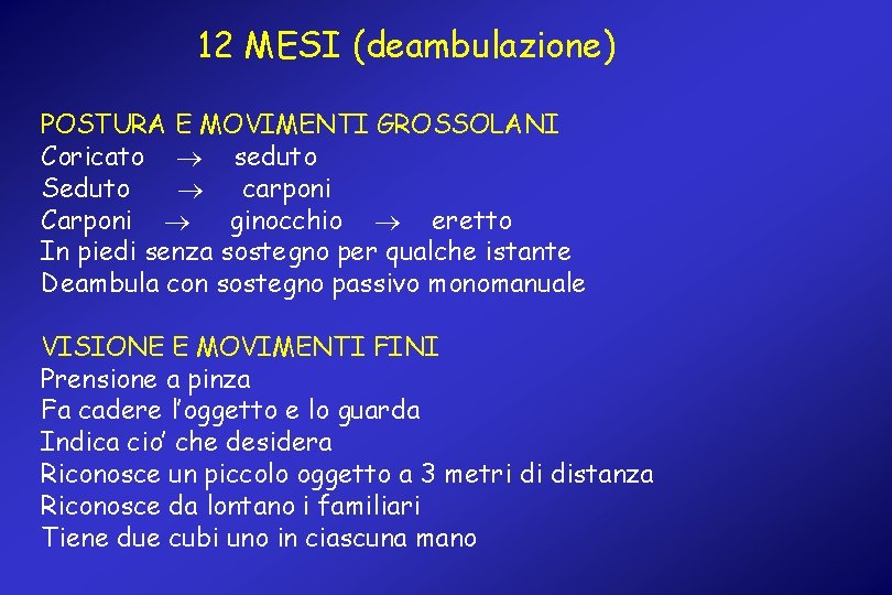 12 MESI (deambulazione) POSTURA E MOVIMENTI GROSSOLANI Coricato seduto Seduto carponi Carponi ginocchio eretto