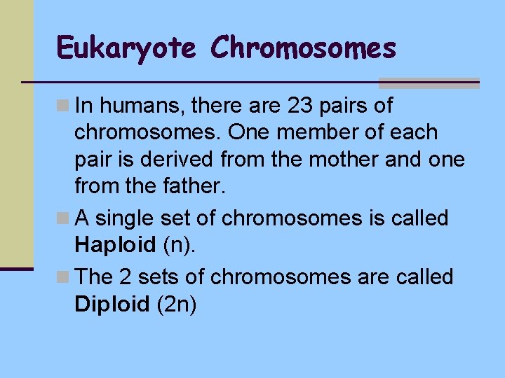 Eukaryote Chromosomes n In humans, there are 23 pairs of chromosomes. One member of