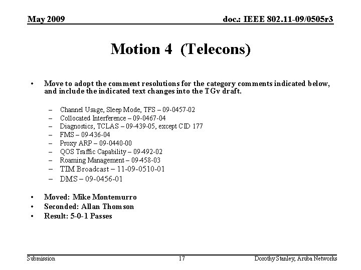 May 2009 doc. : IEEE 802. 11 -09/0505 r 3 Motion 4 (Telecons) •