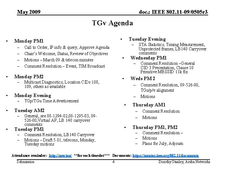 May 2009 doc. : IEEE 802. 11 -09/0505 r 3 TGv Agenda • –