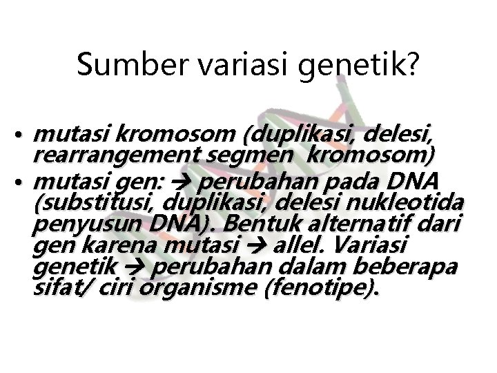 Sumber variasi genetik? • mutasi kromosom (duplikasi, delesi, rearrangement segmen kromosom) • mutasi gen: