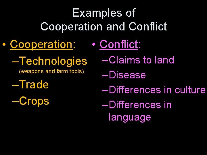 Examples of Cooperation and Conflict • Cooperation: • Conflict: –Technologies – Claims to land