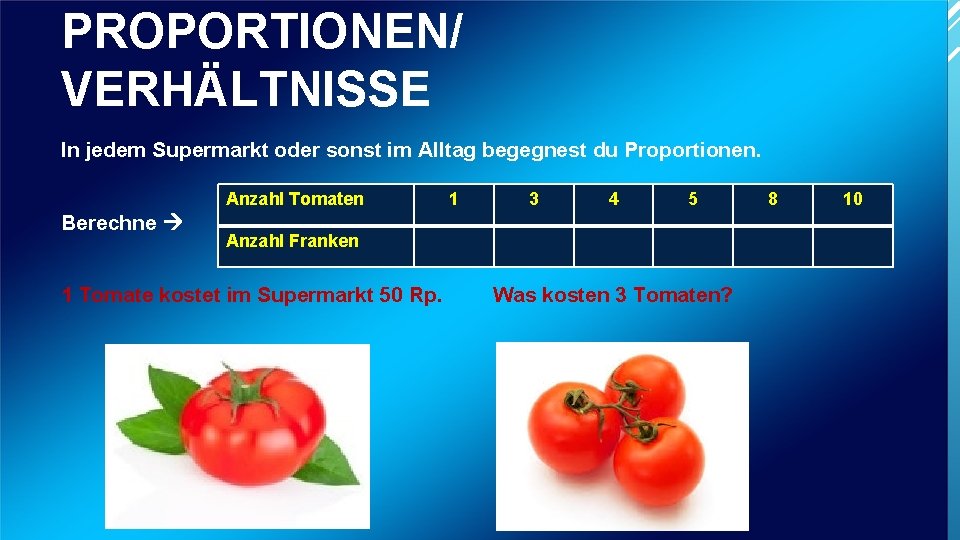 PROPORTIONEN/ VERHÄLTNISSE In jedem Supermarkt oder sonst im Alltag begegnest du Proportionen. Anzahl Tomaten
