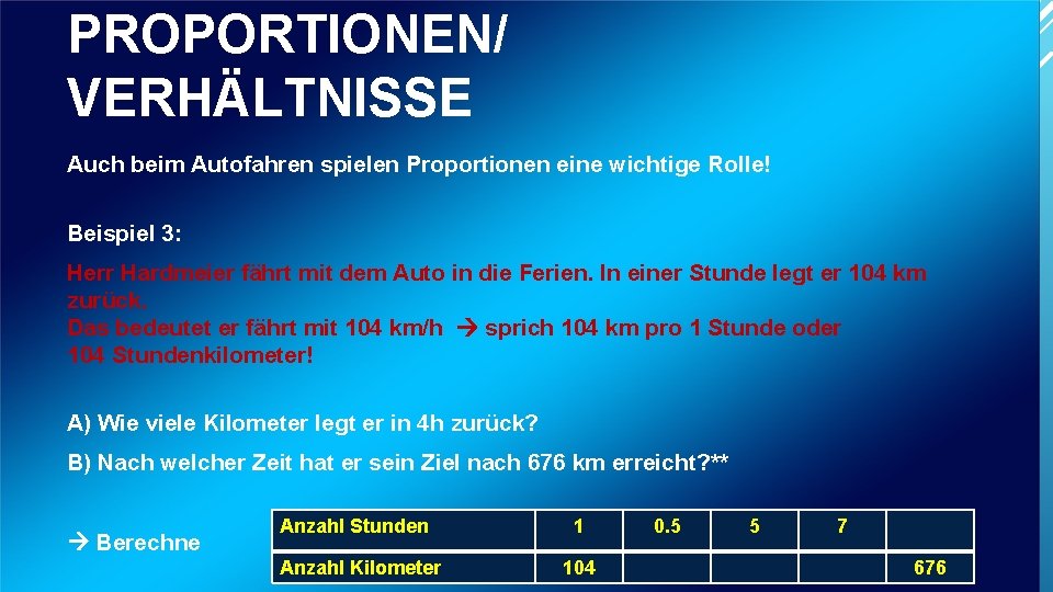 PROPORTIONEN/ VERHÄLTNISSE Auch beim Autofahren spielen Proportionen eine wichtige Rolle! Beispiel 3: Herr Hardmeier