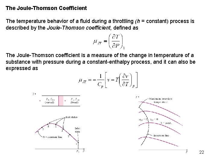 The Joule-Thomson Coefficient The temperature behavior of a fluid during a throttling (h =