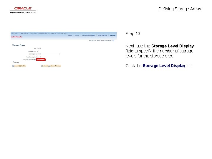 Defining Storage Areas Step 13 Next, use the Storage Level Display field to specify
