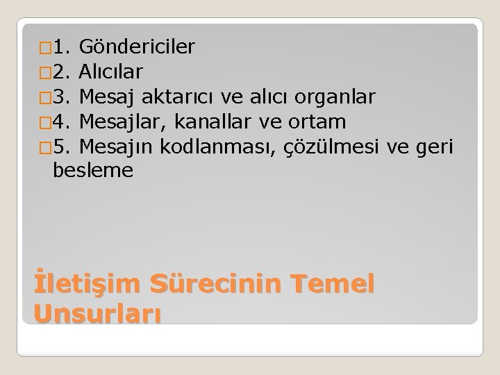 � 1. Göndericiler � 2. Alıcılar � 3. Mesaj aktarıcı ve alıcı organlar �