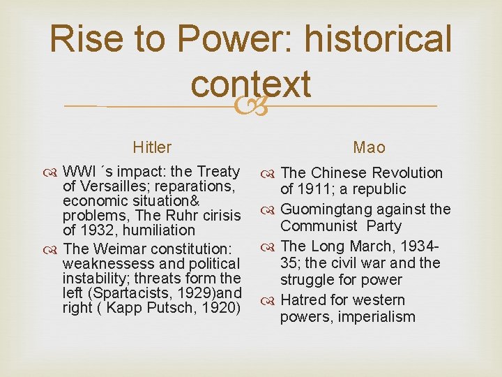 Rise to Power: historical context Hitler WWI ´s impact: the Treaty of Versailles; reparations,