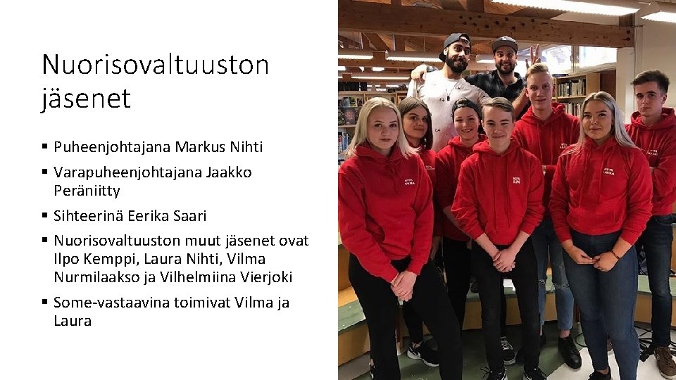 Nuorisovaltuuston jäsenet § Puheenjohtajana Markus Nihti § Varapuheenjohtajana Jaakko Peräniitty § Sihteerinä Eerika Saari