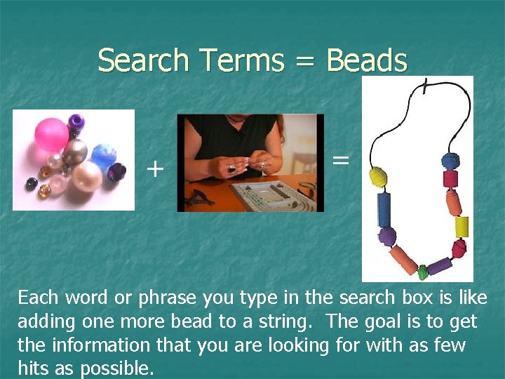 Search Terms = Beads + = Each word or phrase you type in the