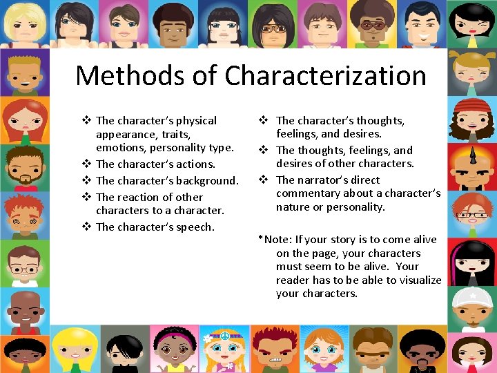 Methods of Characterization v The character’s physical appearance, traits, emotions, personality type. v The Methods of Characterization v The character’s physical appearance, traits, emotions, personality type. v The