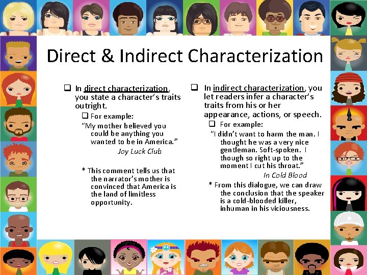 Direct & Indirect Characterization q In direct characterization, you state a character’s traits outright. Direct & Indirect Characterization q In direct characterization, you state a character’s traits outright.