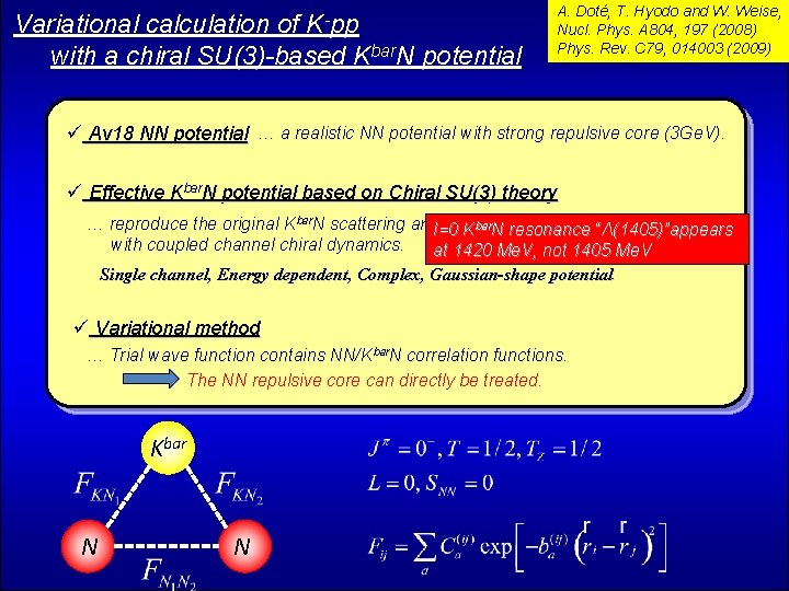 K-pp Variational calculation of with a chiral SU(3)-based Kbar. N potential A. Doté, T.