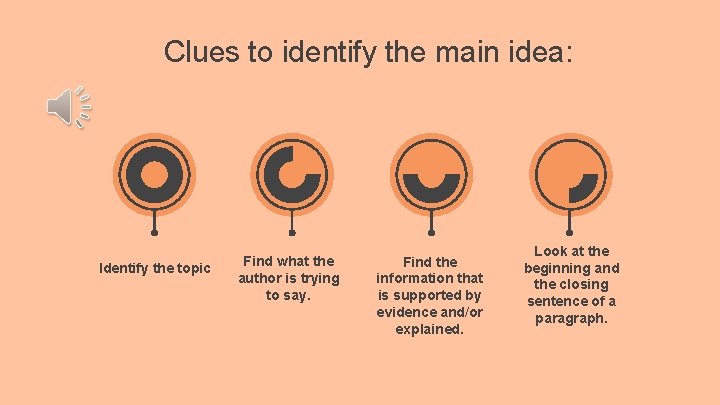 Clues to identify the main idea: Identify the topic Find what the author is
