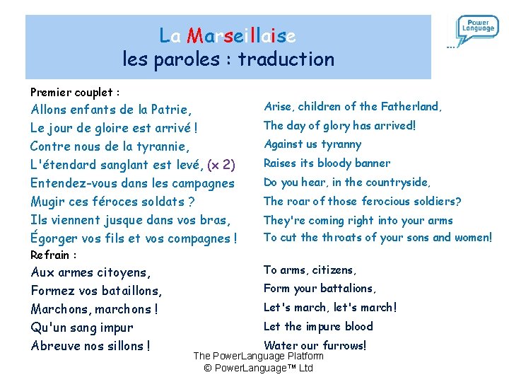 La Marseillaise les paroles : traduction Premier couplet : Allons enfants de la Patrie,