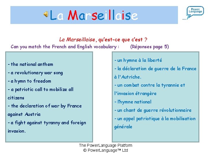 La Marseillaise, qu’est-ce que c’est ? Can you match the French and English vocabulary