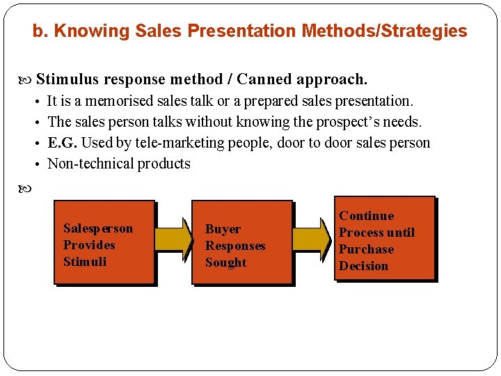 b. Knowing Sales Presentation Methods/Strategies Stimulus response method / Canned approach. • It is