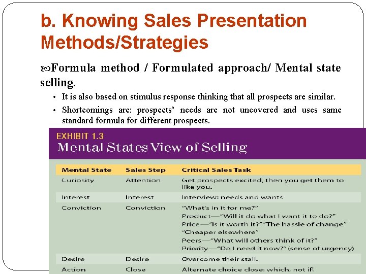 b. Knowing Sales Presentation Methods/Strategies Formula method / Formulated approach/ Mental state selling. •