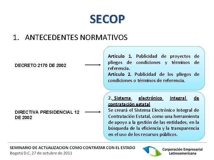 SECOP 1. ANTECEDENTES NORMATIVOS DECRETO 2170 DE 2002 DIRECTIVA PRESIDENCIAL 12 DE 2002 Artículo