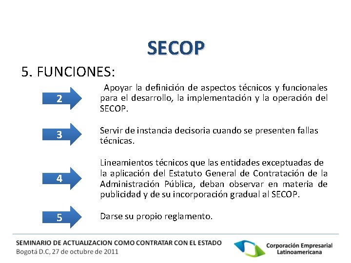 SECOP 5. FUNCIONES: 2 Apoyar la definición de aspectos técnicos y funcionales para el