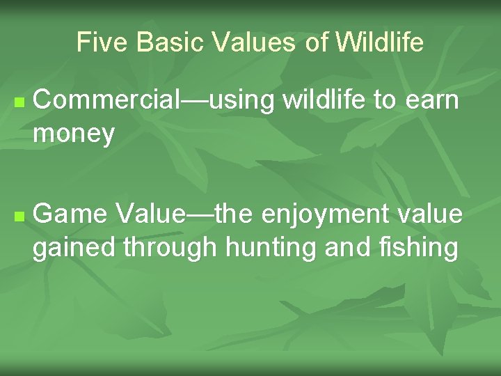 Five Basic Values of Wildlife n n Commercial—using wildlife to earn money Game Value—the
