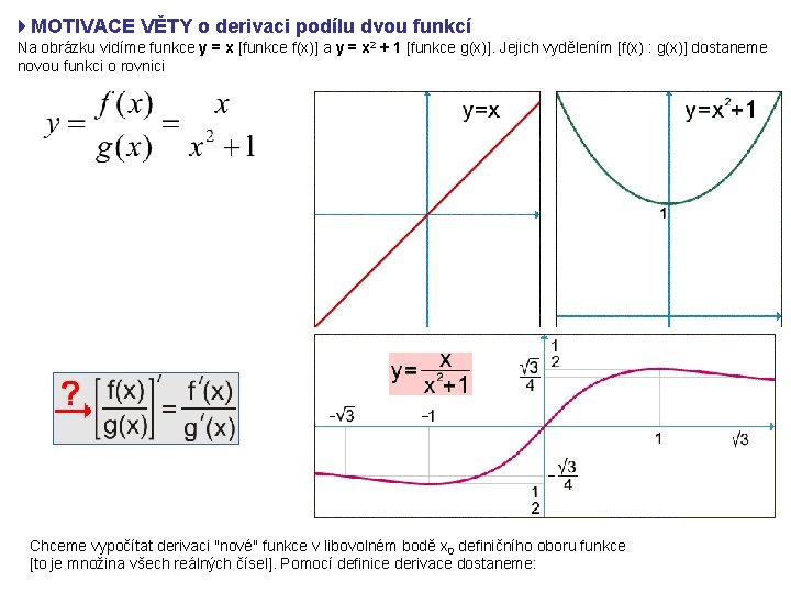 4 MOTIVACE VĚTY o derivaci podílu dvou funkcí Na obrázku vidíme funkce y =