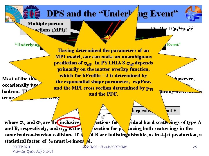 DPS and the “Underlying Event” Multiple parton interactions (MPI)! 1/(p. T)4→ 1/(p. T 2+p.